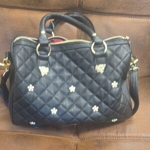 Betsey Johnson Black Quilted Satchel with Gold Floral Accents
